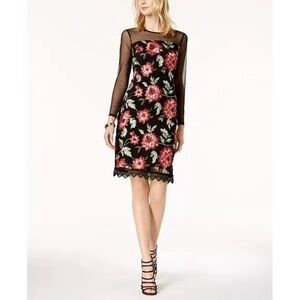 Thalia Sodi Embroidered Illusion Mesh Floral Bodycon Dress Black
